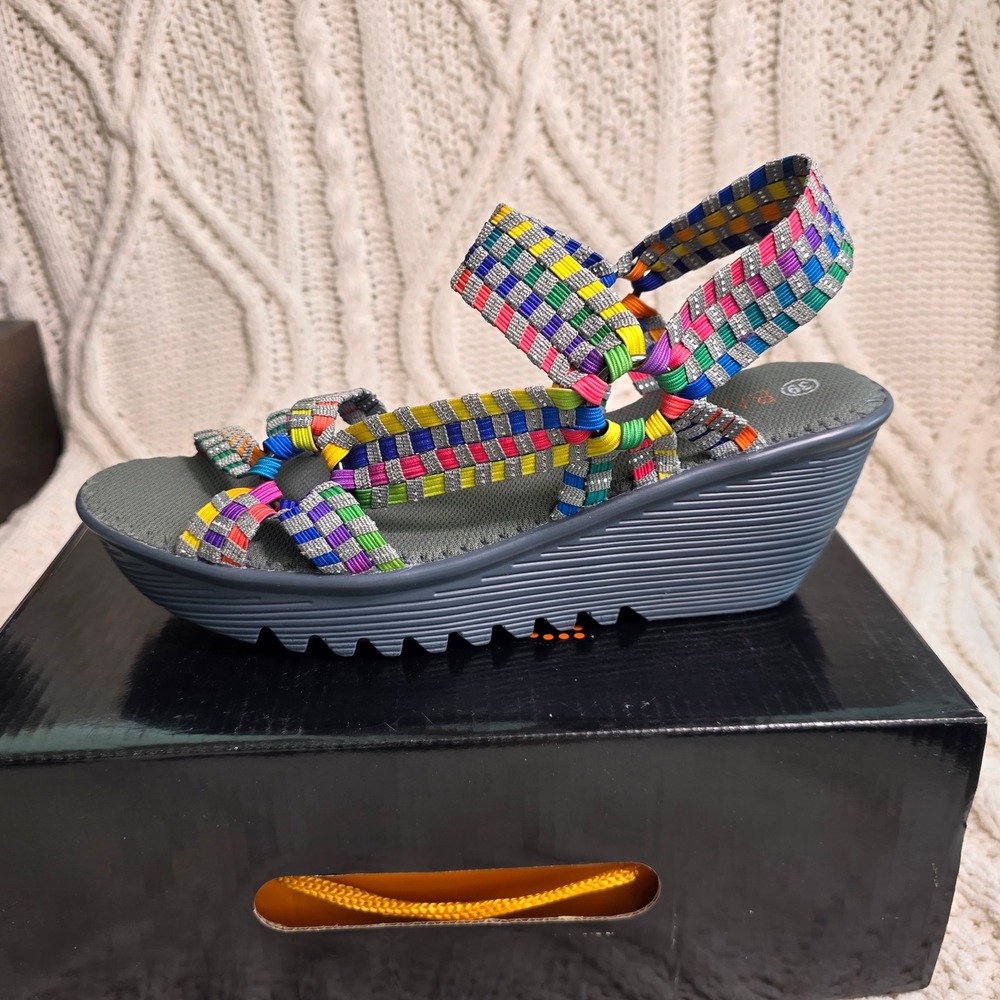 Bernie Mev Crystal Wedge Sandals Multi Rainbow‎ Woven Stretchy Women 39 8 New